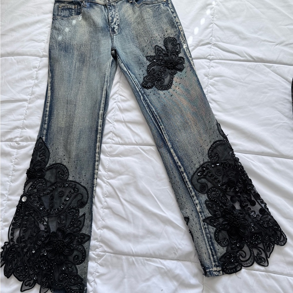 Stylish Black Lace Embellished Flare Jeans